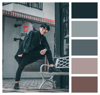 Bench Pose Urban Street Model Man Street Style Lifestyle Korean Style Image